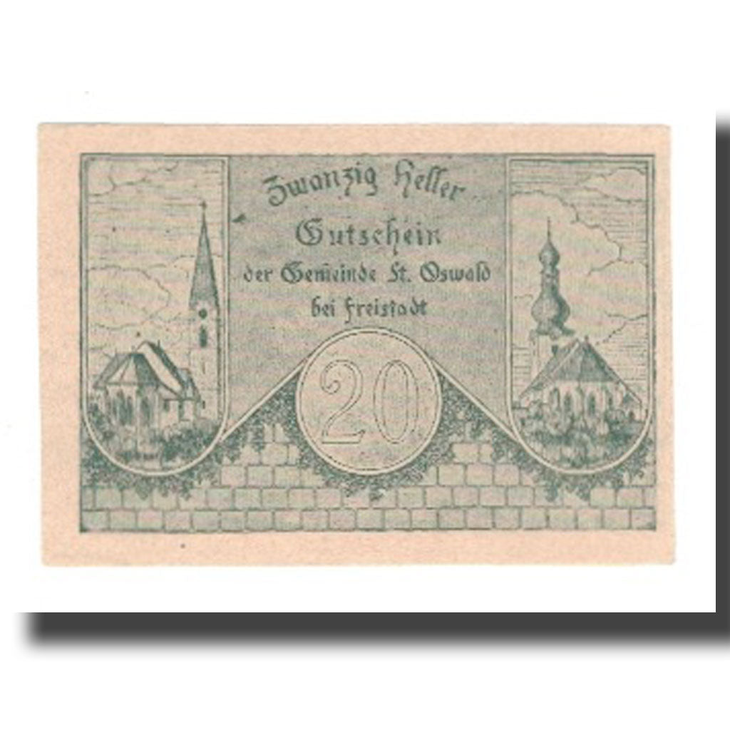 Banknote, Austria, St. Oswald bei Freistadt O.Ö. Gemeinde, 20 Heller, Texte