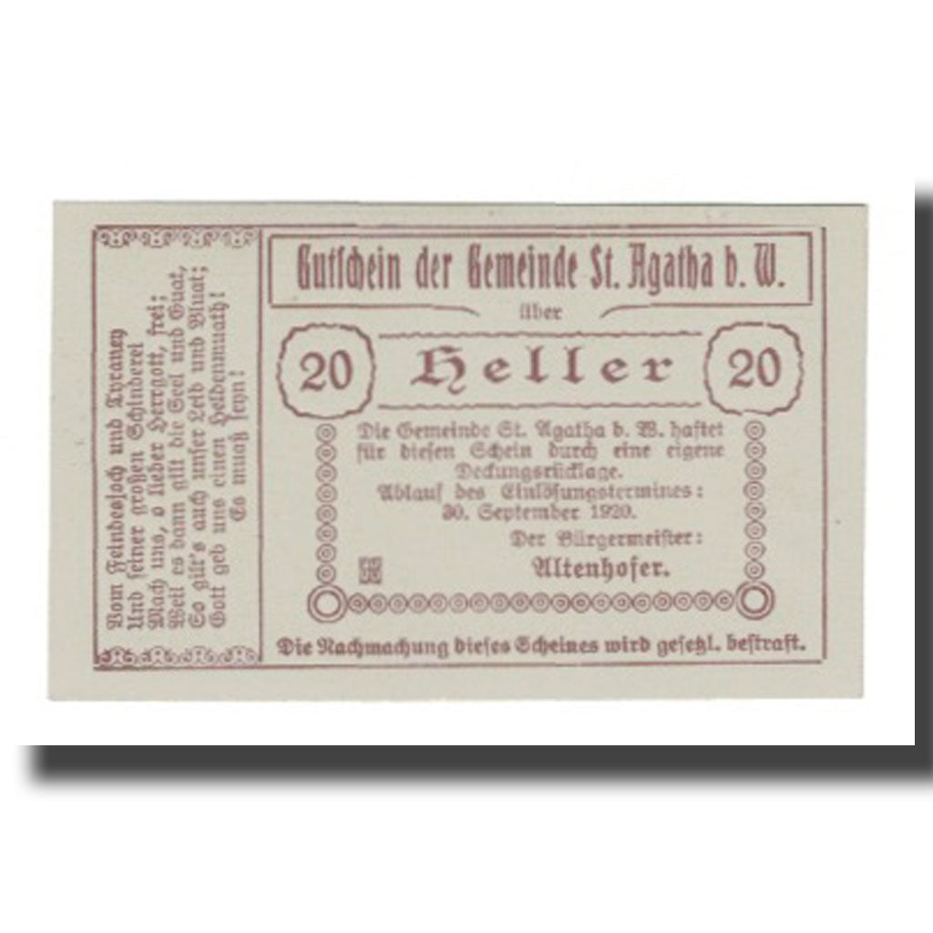 Banknote, Austria, St. Agatha Bei Weizenkirchen O.Ö. Gemeinde, 20 Heller