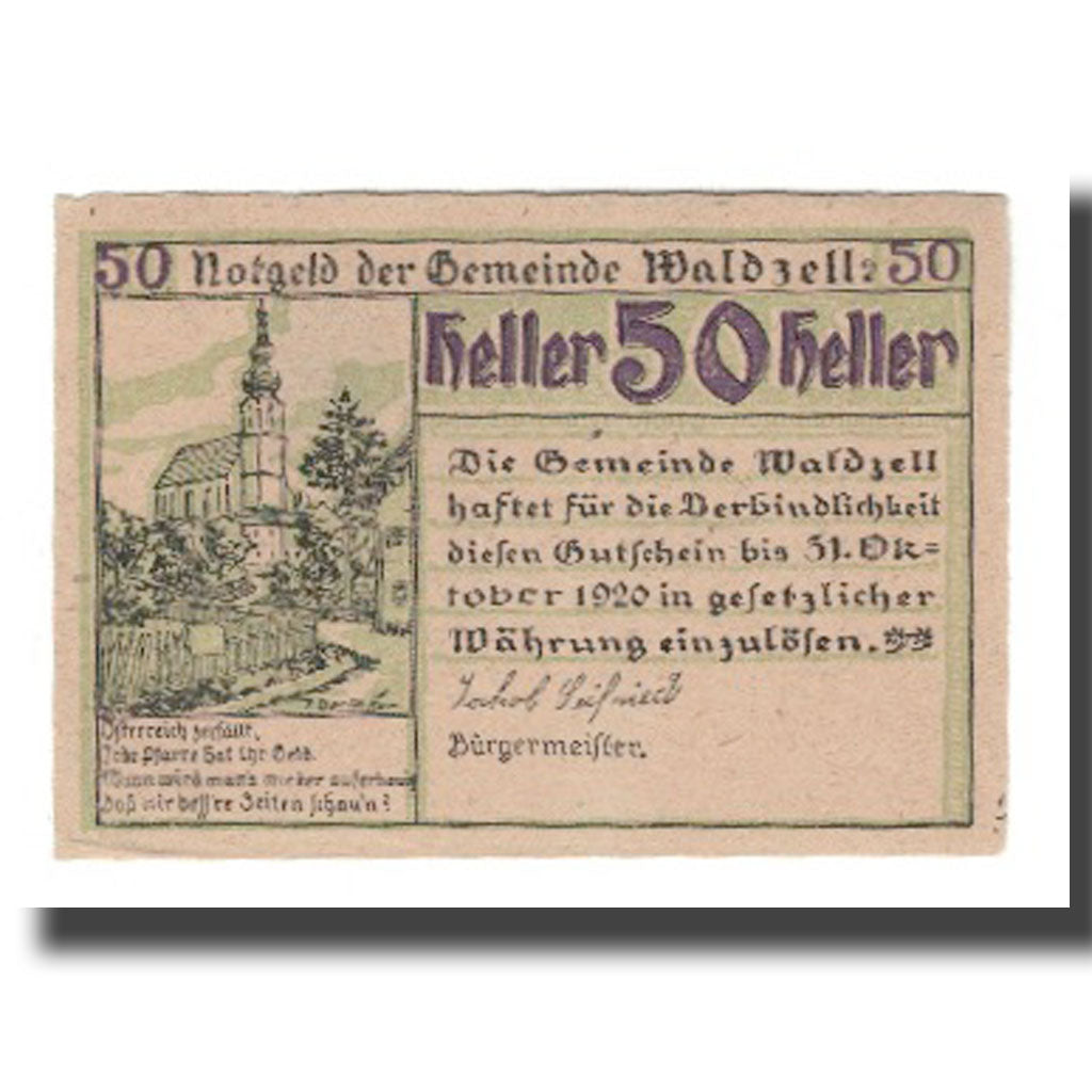Banknote, Austria, Waldzell O.Ö. Gemeinde, 50 Heller, valeur faciale, 1920