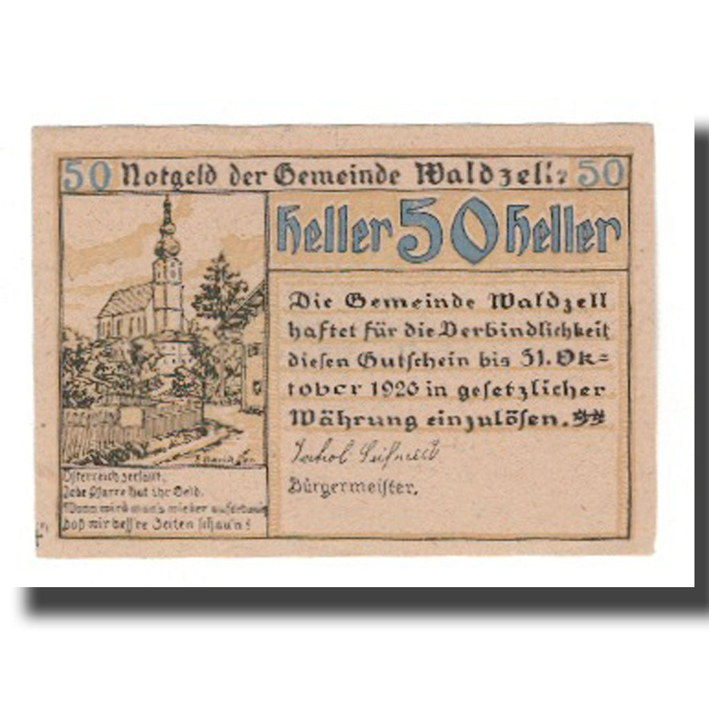 Banknote, Austria, Waldzell O.Ö. Gemeinde, 50 Heller, valeur faciale 1, 1920