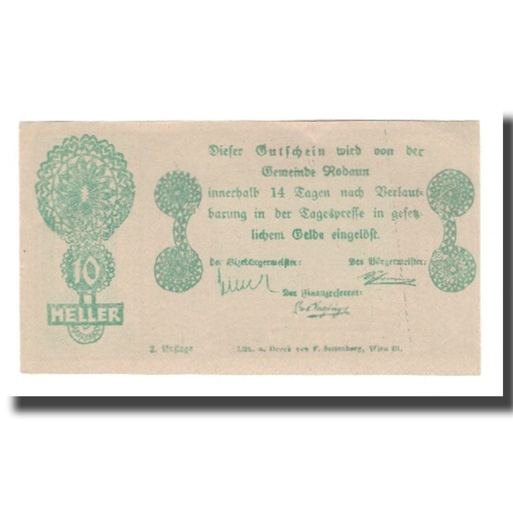 Banknote, Austria, Rodaun N.Ö. Gemeinde, 10 Heller, Texte, AU(55-58), Mehl:FS