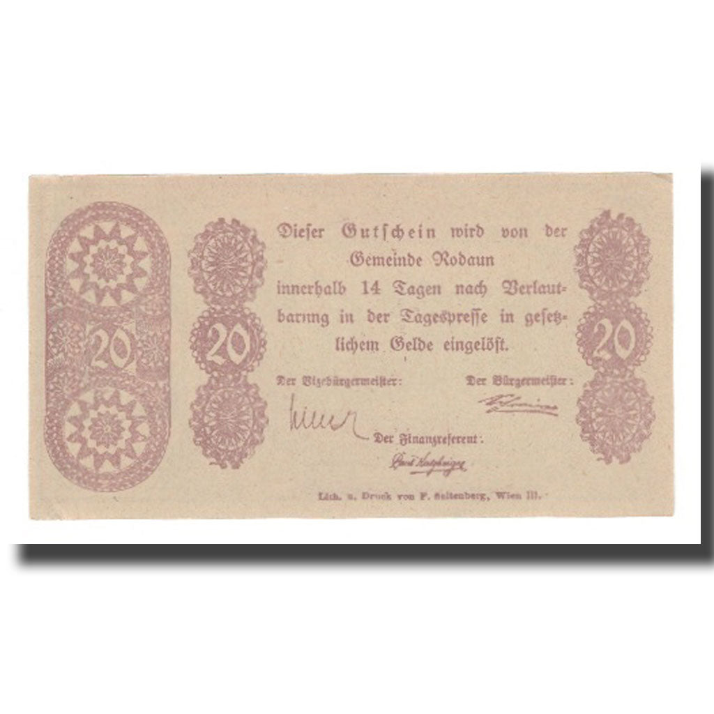 Banknote, Austria, Rodaun N.Ö. Gemeinde, 20 Heller, Texte, AU(55-58), Mehl:FS