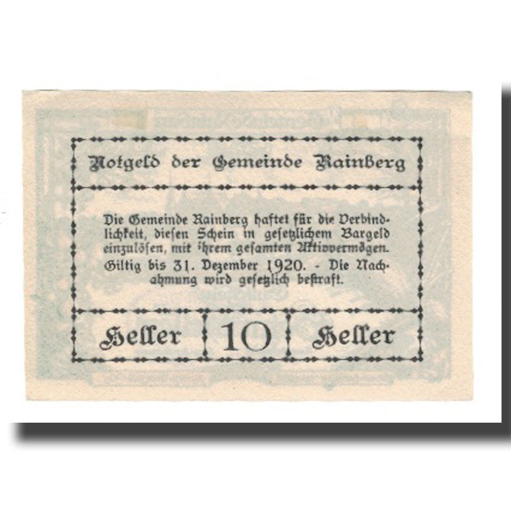 Banknote, Austria, Rainberg N.Ö. Gemeinde, 10 Heller, Texte, 1920, 1920-12-31
