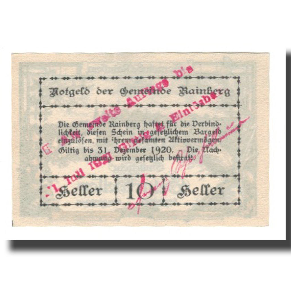Banknote, Austria, Rainberg N.Ö. Gemeinde, 10 Heller, texte 1, 1920