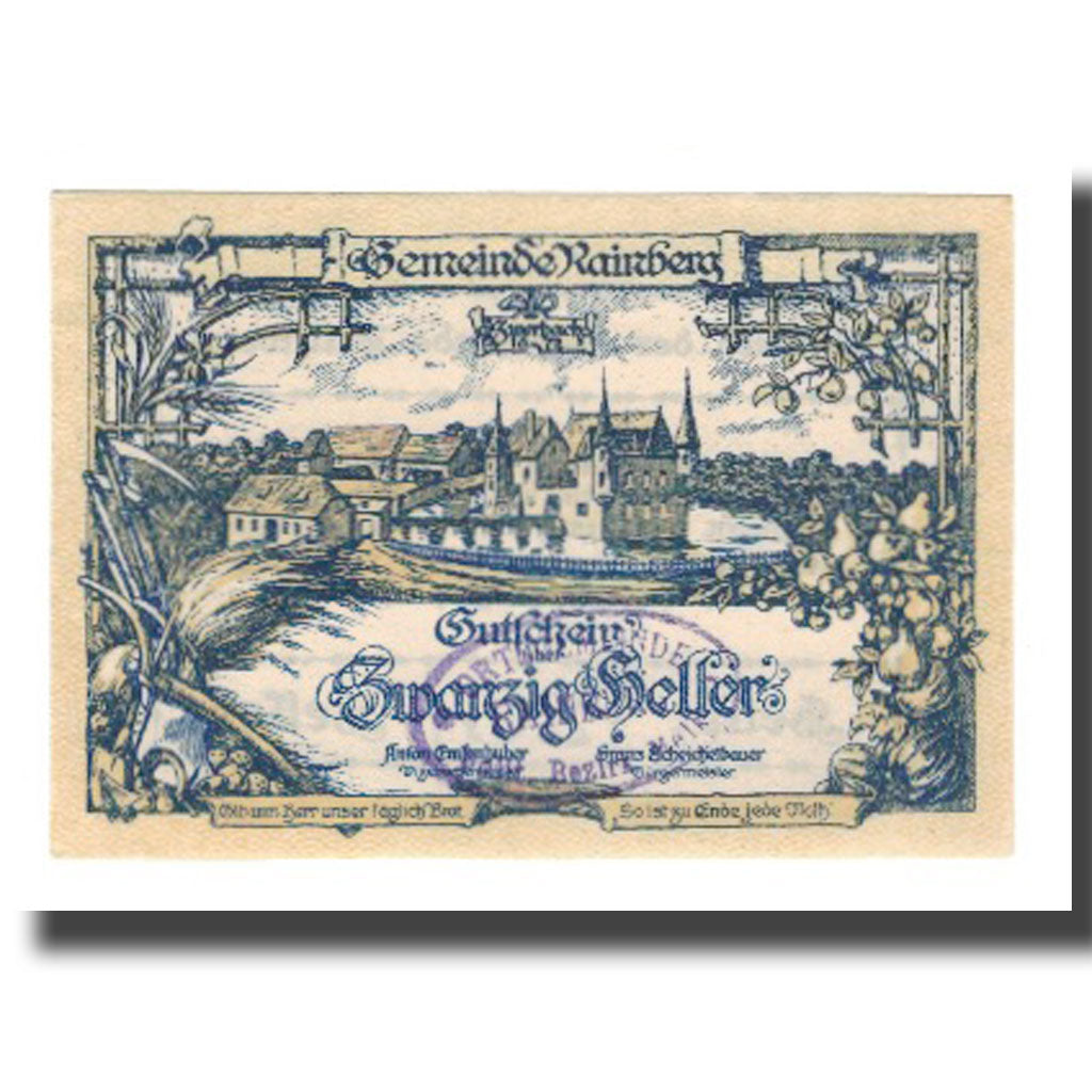 Banknote, Austria, Rainberg N.Ö. Gemeinde, 20 Heller, Texte, 1920, 1920-12-31