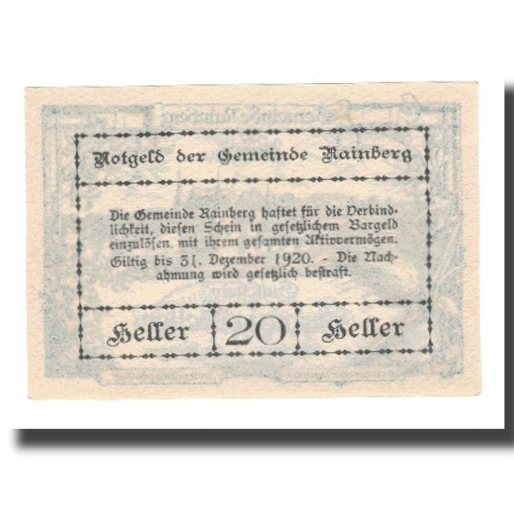 Banknote, Austria, Rainberg N.Ö. Gemeinde, 20 Heller, Texte, 1920, 1920-12-31