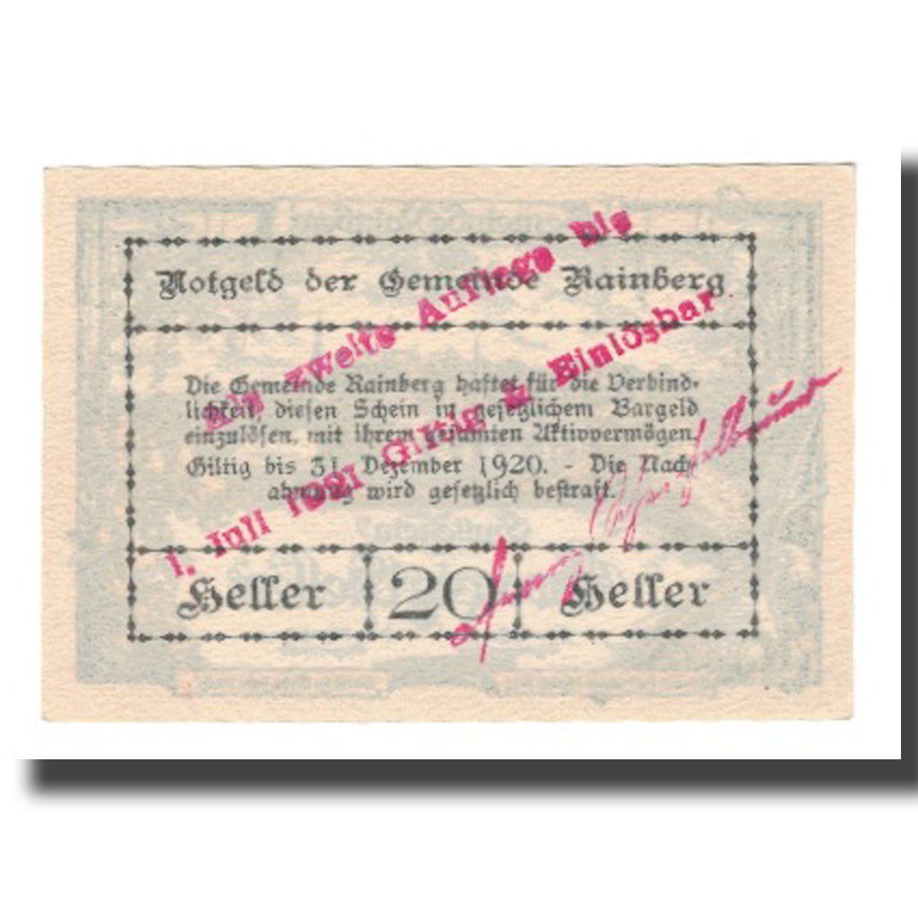 Banknote, Austria, Rainberg N.Ö. Gemeinde, 20 Heller, texte 1, 1920
