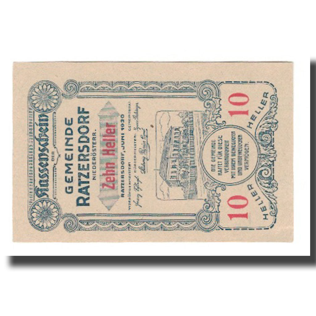 Banknote, Austria, Ratzersdorf N.Ö. Gemeinde, 10 Heller, Texte, 1920