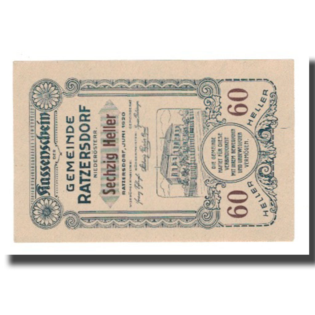 Banknote, Austria, Ratzersdorf N.Ö. Gemeinde, 60 Heller, Texte, 1920
