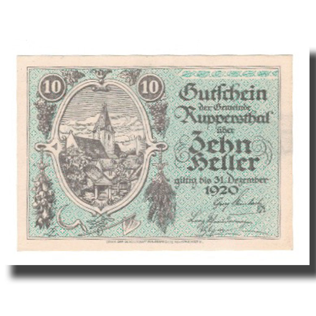Billete, Austria, Ruppersthal N.Ö. Gemeinde, 10 Heller, Texte, 1920