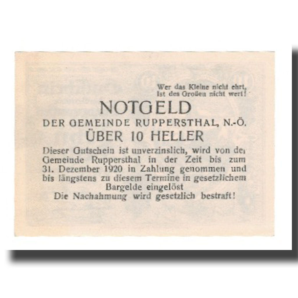 Billete, Austria, Ruppersthal N.Ö. Gemeinde, 10 Heller, Texte, 1920