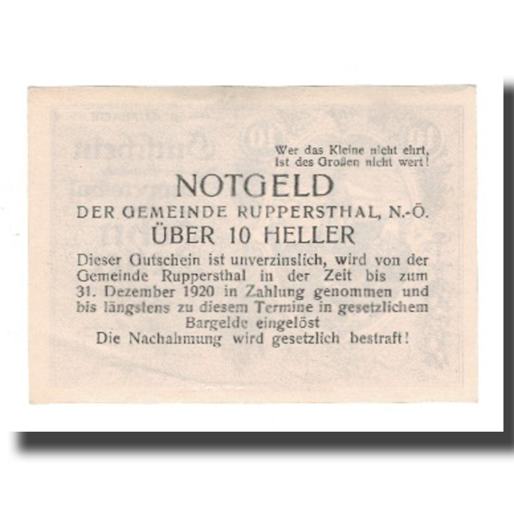 Banknote, Austria, Ruppersthal N.Ö. Gemeinde, 10 Heller, texte 1, 1920