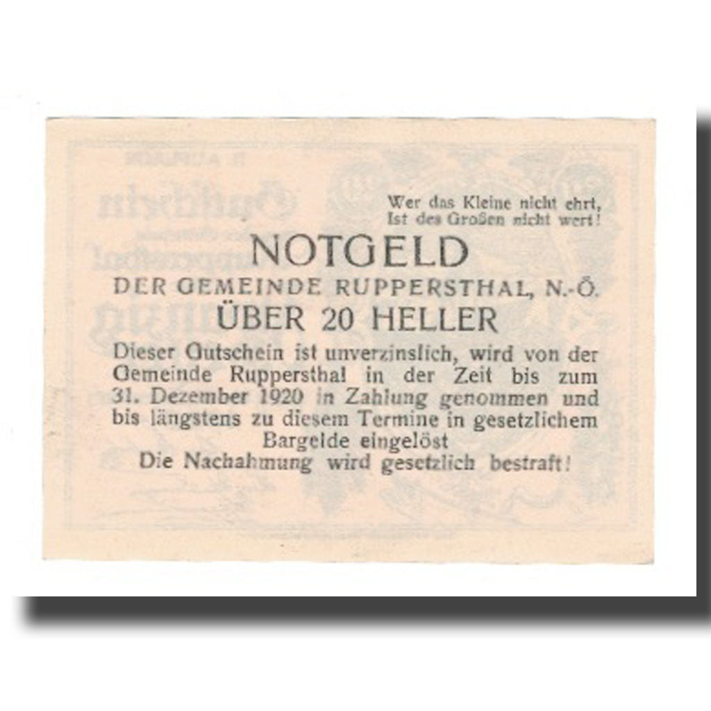Banknote, Austria, Ruppersthal N.Ö. Gemeinde, 20 Heller, texte 1, 1920