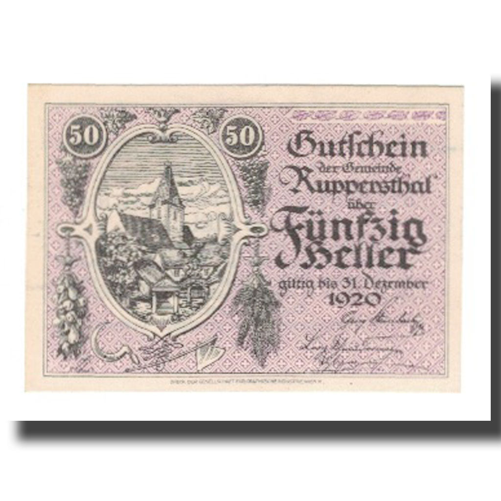 Billete, Austria, Ruppersthal N.Ö. Gemeinde, 50 Heller, Texte, 1920