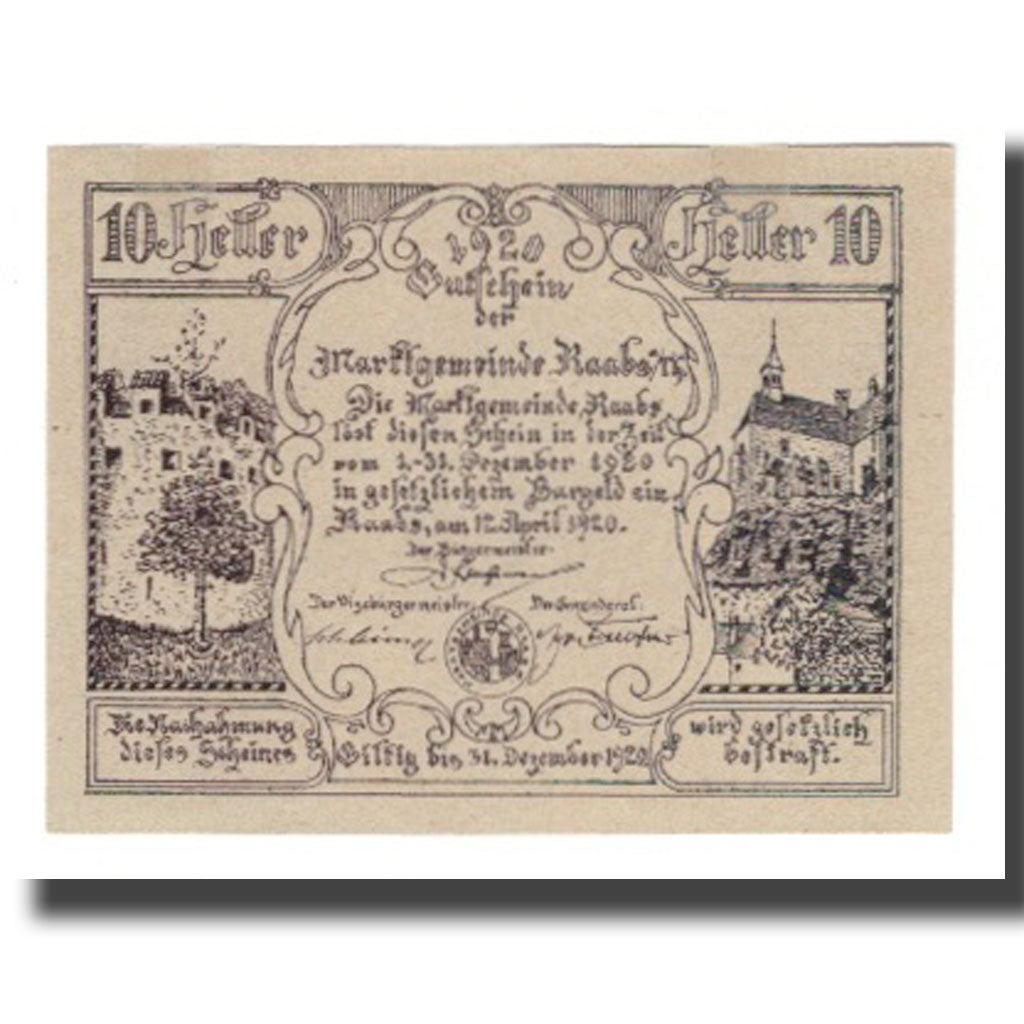 Banknote, Austria, Raabs N.Ö. Marktgemeinde, 10 Heller, Batiment, 1920