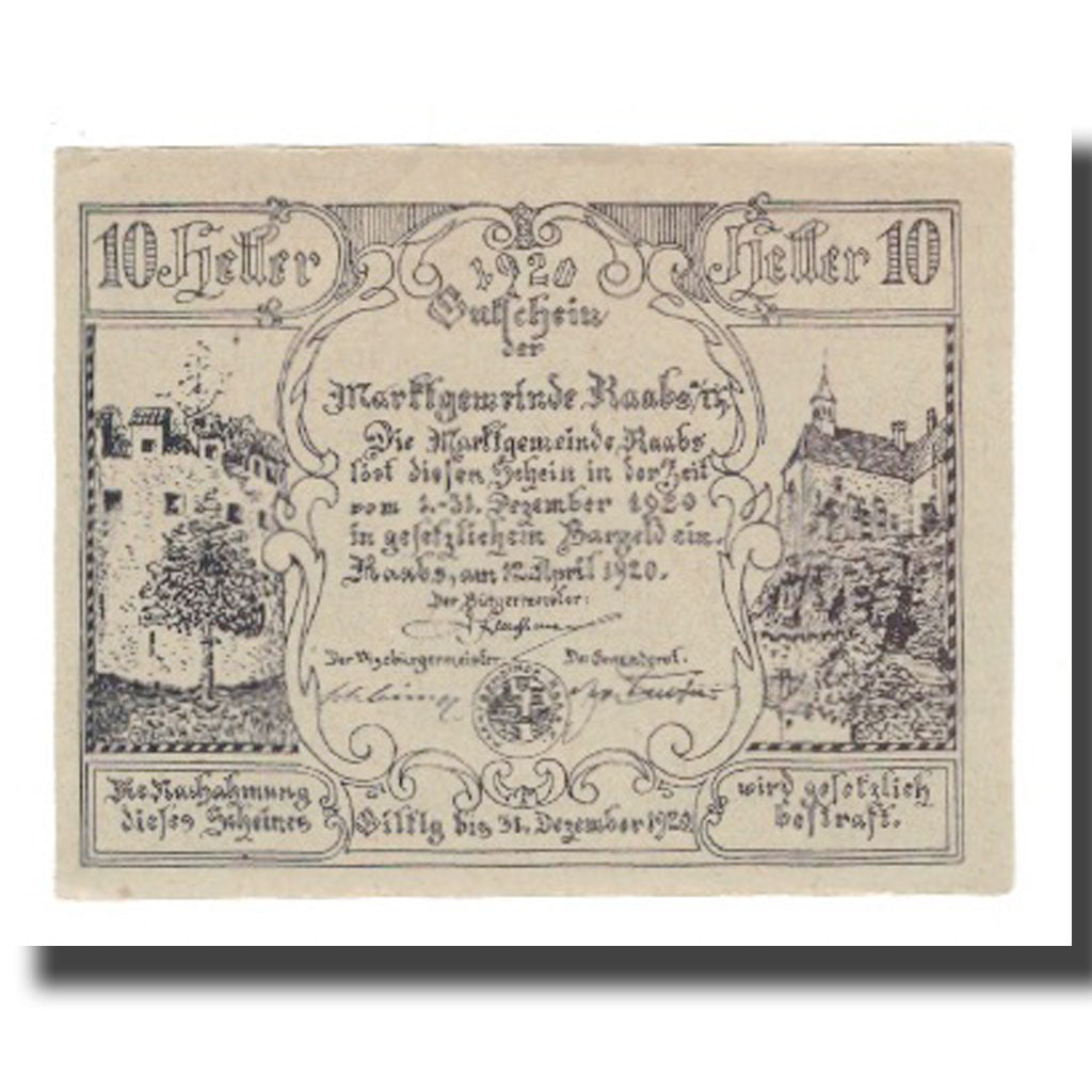 Banknote, Austria, Raabs N.Ö. Marktgemeinde, 10 Heller, batiment 1, 1920