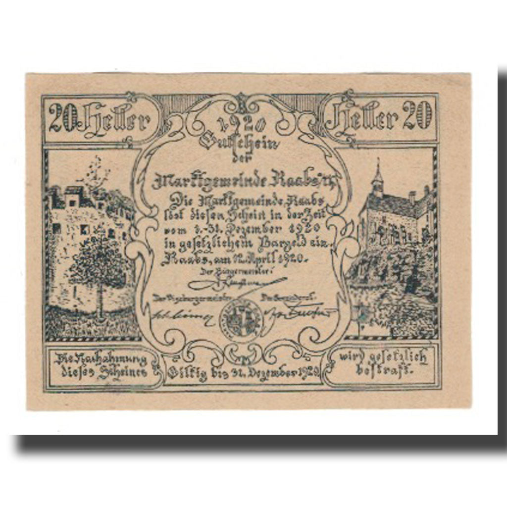 Banknote, Austria, Raabs N.Ö. Marktgemeinde, 20 Heller, Batiment, 1920