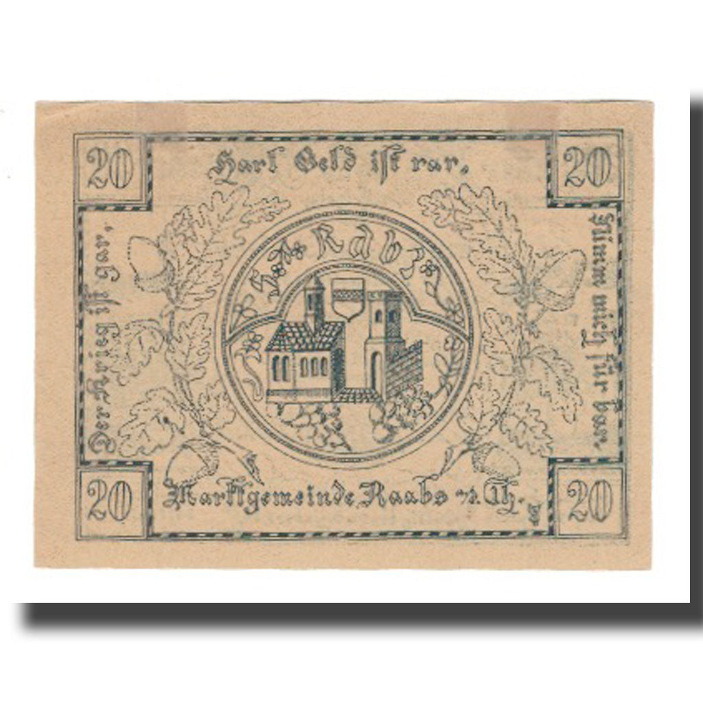 Banknote, Austria, Raabs N.Ö. Marktgemeinde, 20 Heller, Batiment, 1920