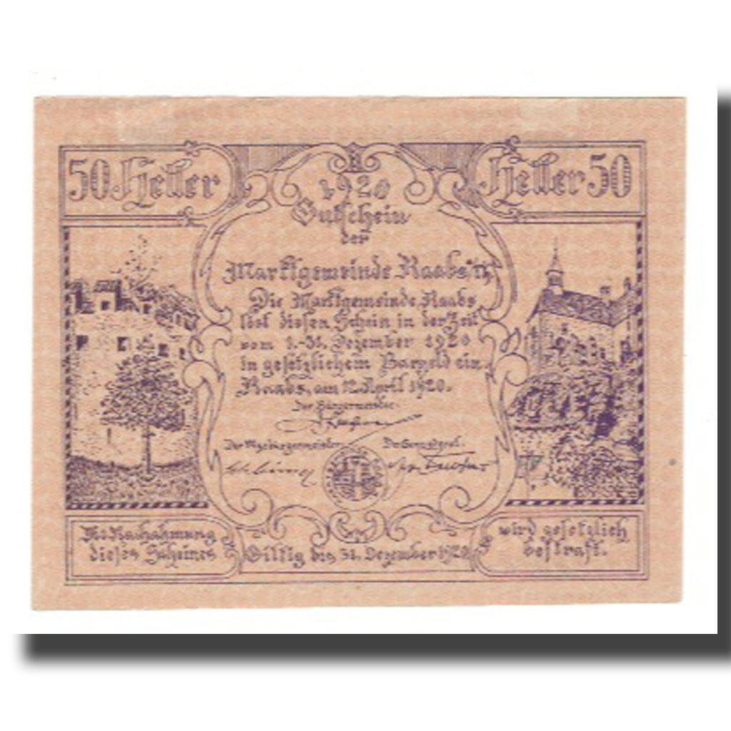 Banknote, Austria, Raabs N.Ö. Marktgemeinde, 50 Heller, Batiment, 1920