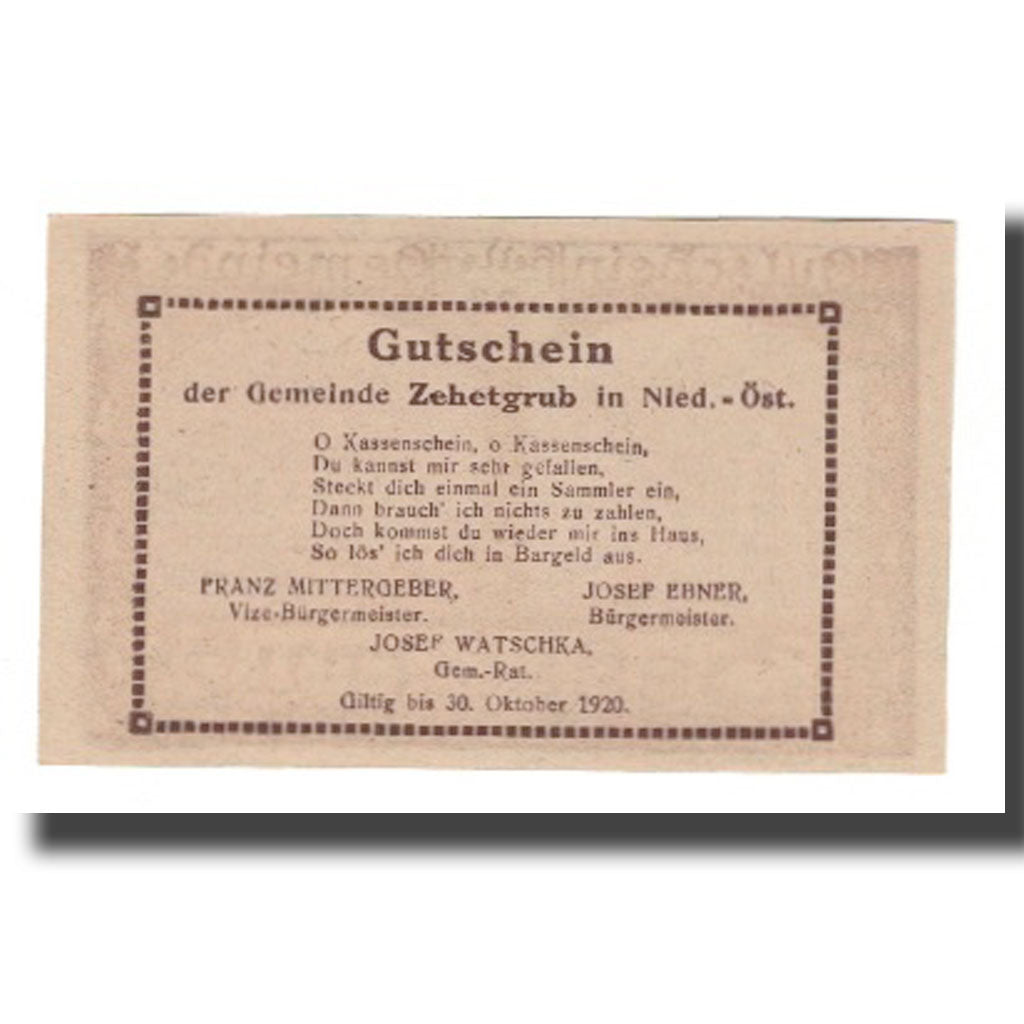 Banknot, Austria, Zehetgrub N.Ö. Gemeinde, 20 Heller, Texte, 1920, 1920-10-30