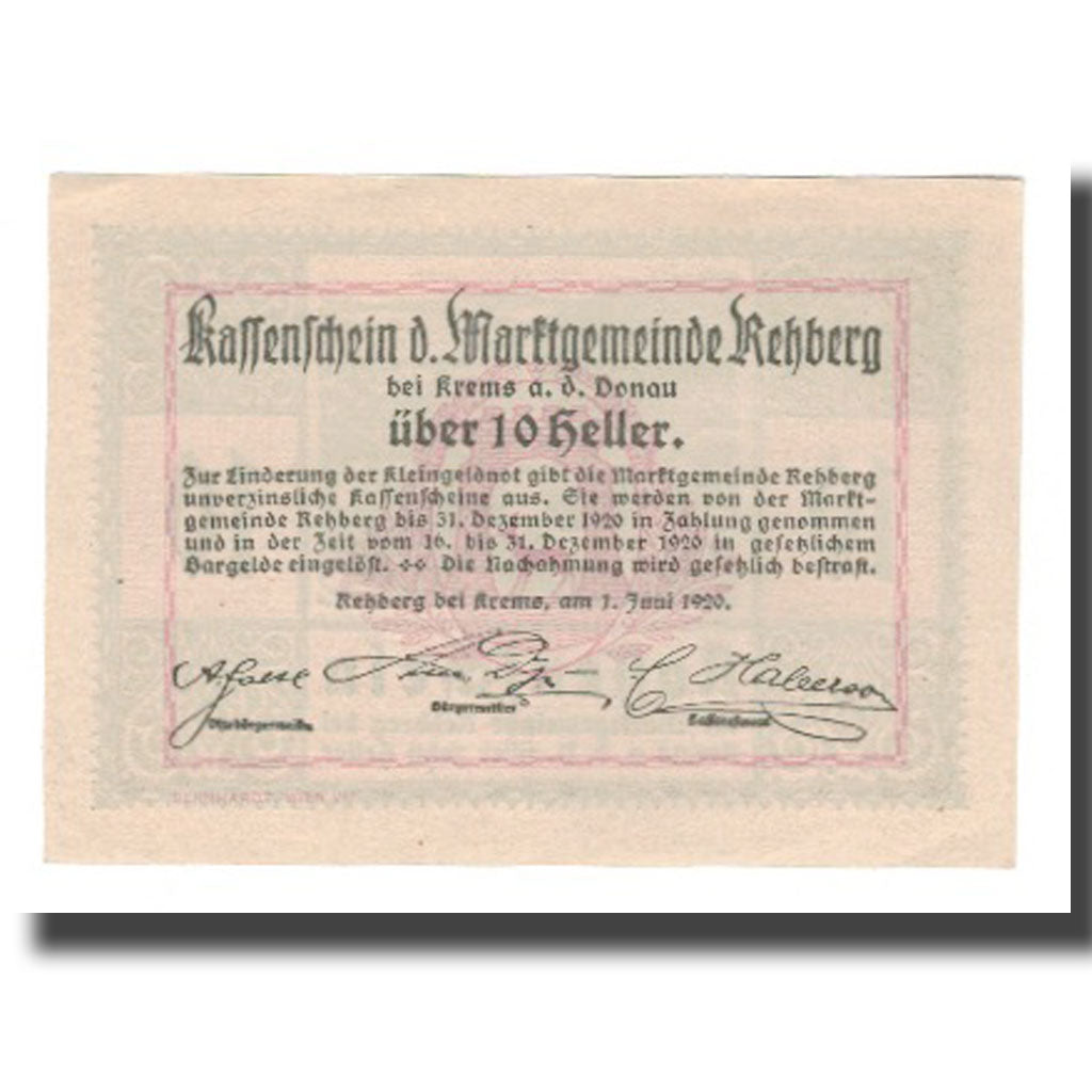 Banknot, Austria, Rehberg N.Ö. Marktgemeinde, 10 Heller, Texte, 1920
