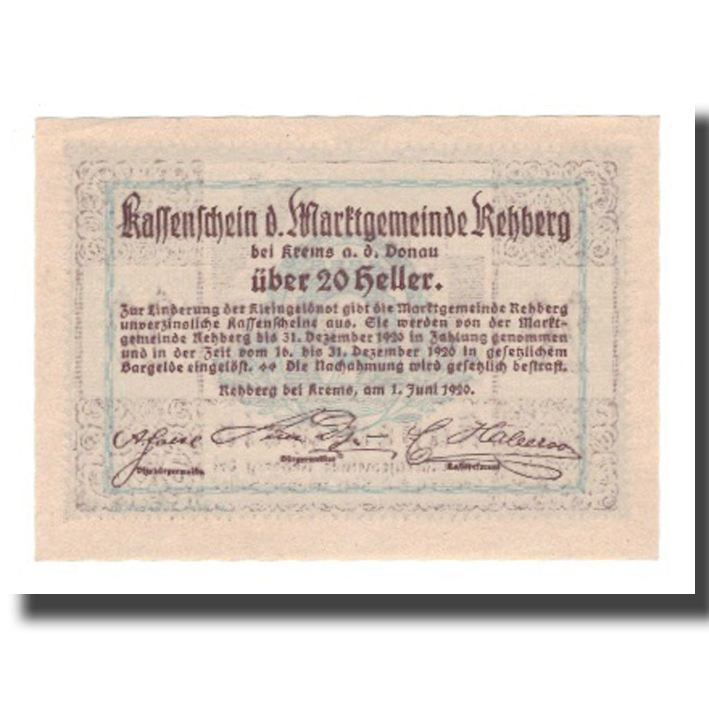 Banknot, Austria, Rehberg N.Ö. Marktgemeinde, 20 Heller, Texte, 1920