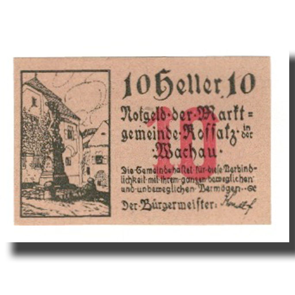 Banknote, Austria, Rossatz in der Wachau N.Ö. Marktgemeinde, 10 Heller, Texte