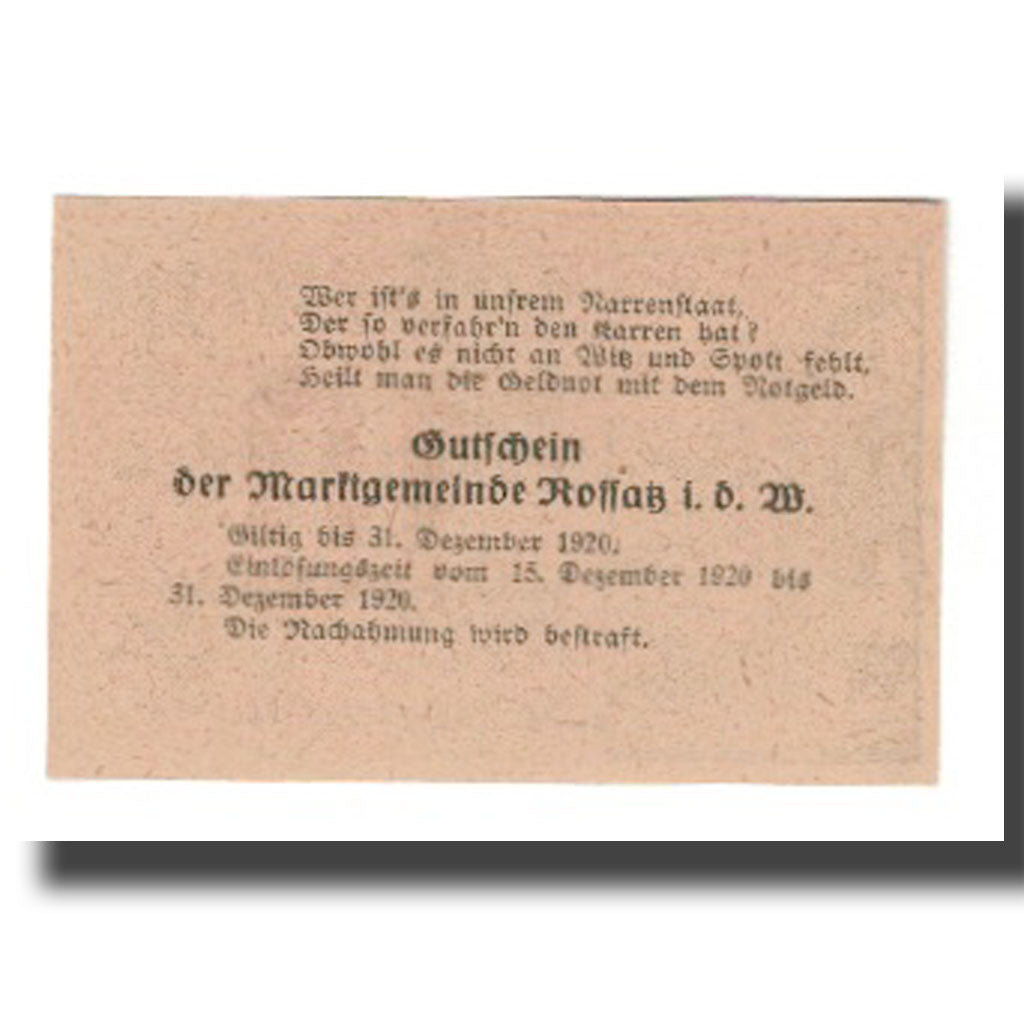 Banknote, Austria, Rossatz in der Wachau N.Ö. Marktgemeinde, 10 Heller, Texte