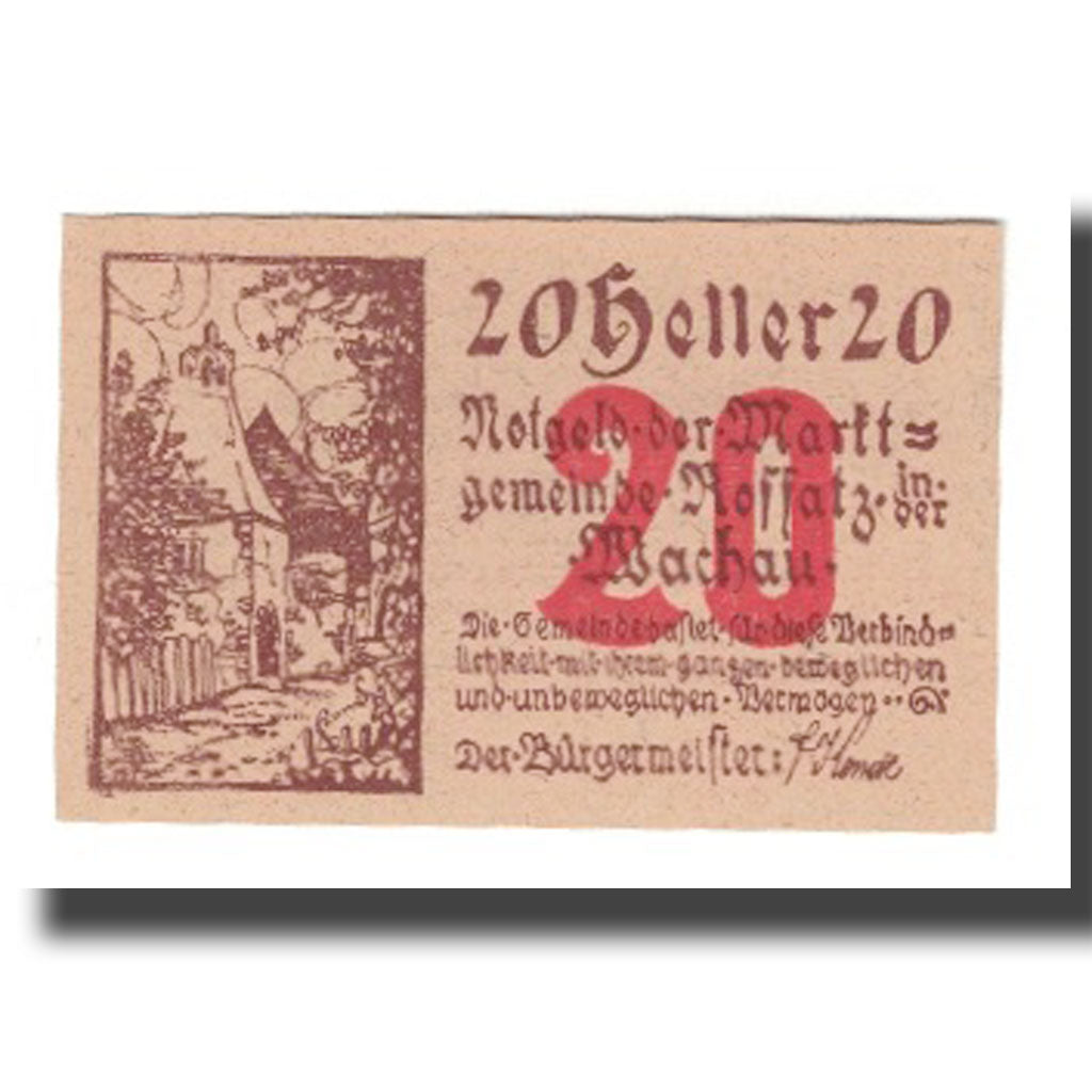 Banknote, Austria, Rossatz in der Wachau N.Ö. Marktgemeinde, 20 Heller, Texte