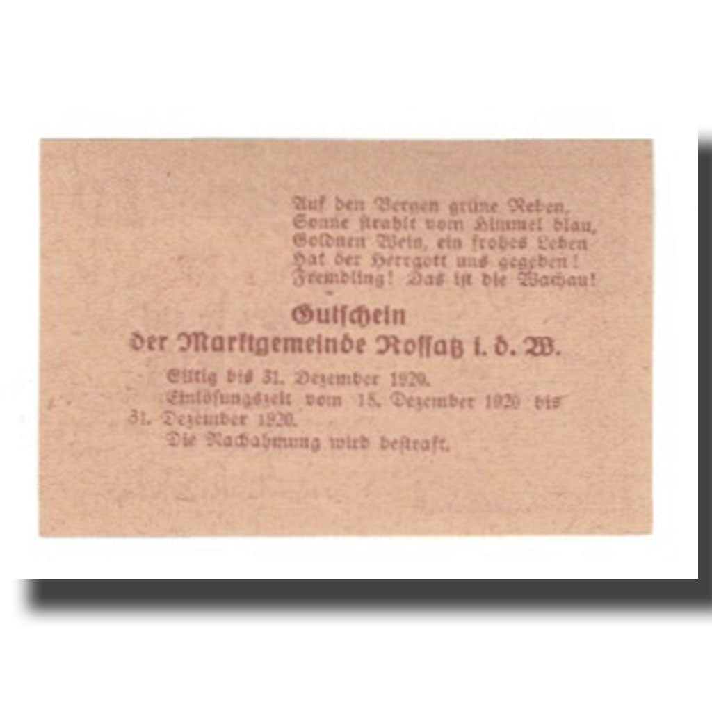 Banknote, Austria, Rossatz in der Wachau N.Ö. Marktgemeinde, 20 Heller, Texte
