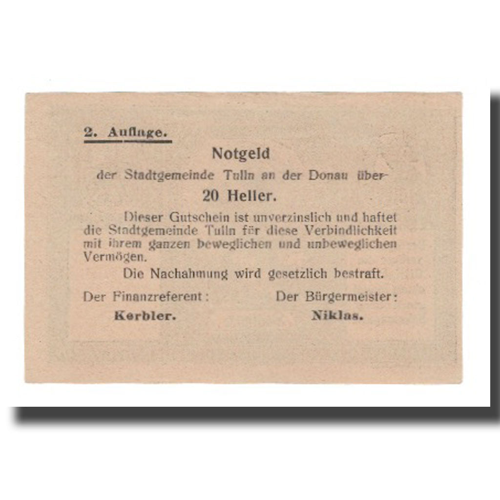 Banknote, Austria, Tulln N.Ö. Stadtgemeinde, 20 Heller, Texte, AU(55-58)