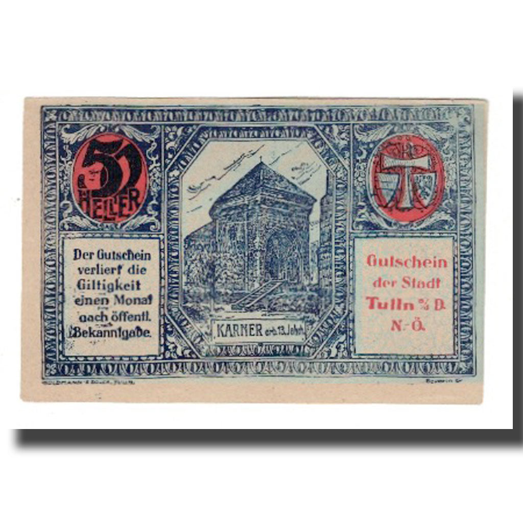 Banknote, Austria, Tulln N.Ö. Stadtgemeinde, 50 Heller, Texte, AU(55-58)