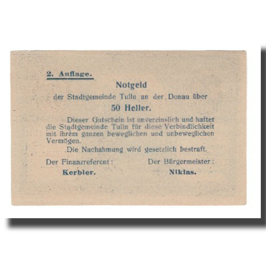 Banknote, Austria, Tulln N.Ö. Stadtgemeinde, 50 Heller, Texte, AU(55-58)