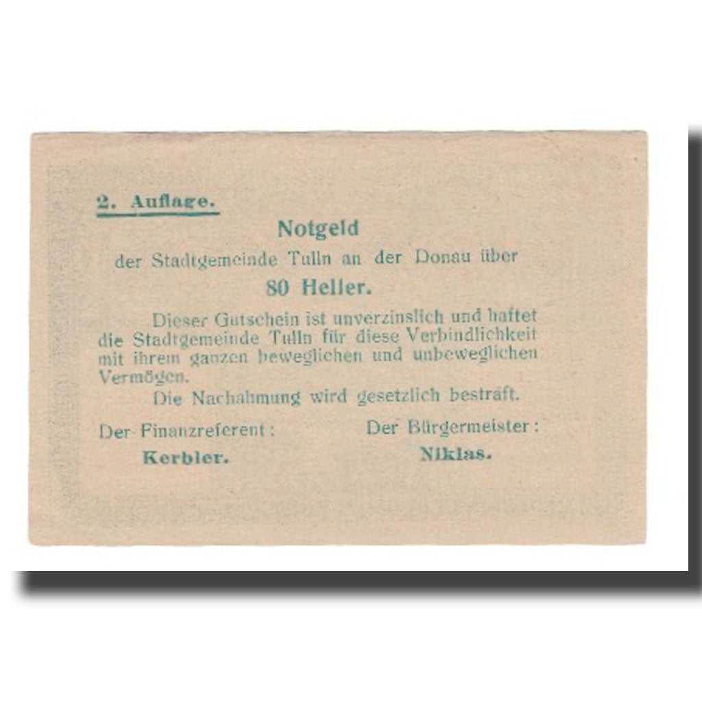 Banknote, Austria, Tulln N.Ö. Stadtgemeinde, 80 Heller, Texte, AU(55-58)