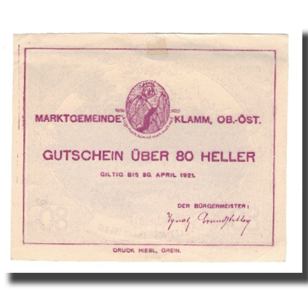 Banknote, Austria, Klamm O.Ö. Marktgemeinde, 80 Heller, valeur faciale, 1921