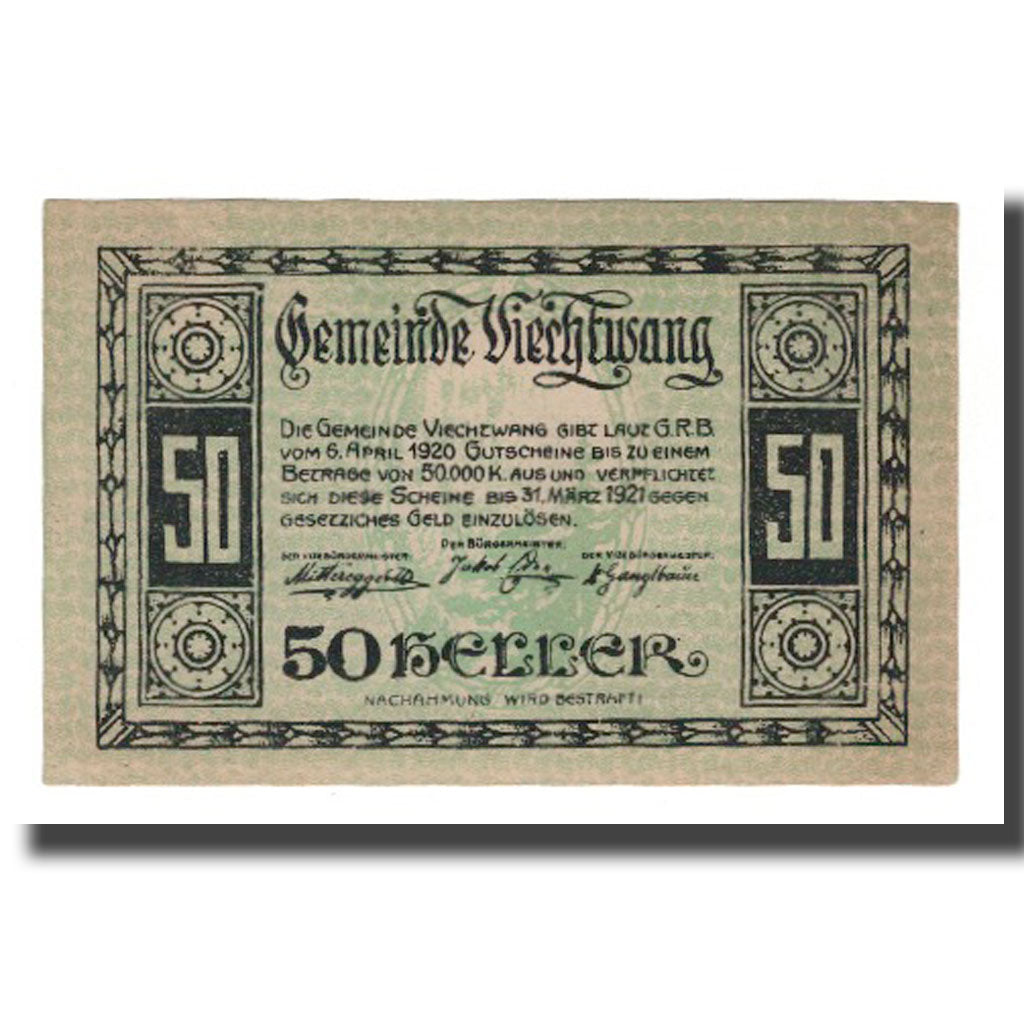 Banknote, Austria, Viechtwang O.Ö. Gemeinde, 50 Heller, paysage, 1921