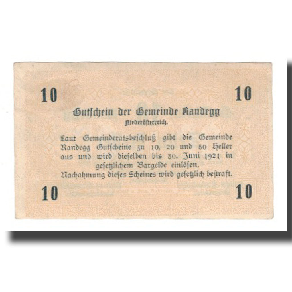 Banknote, Austria, Randegg N.Ö. Gemeinde, 10 Heller, Texte, 1921, 1921-06-30