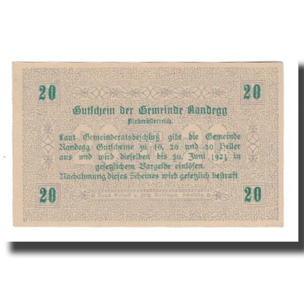 Banknote, Austria, Randegg N.Ö. Gemeinde, 20 Heller, Texte, 1921, 1921-06-30
