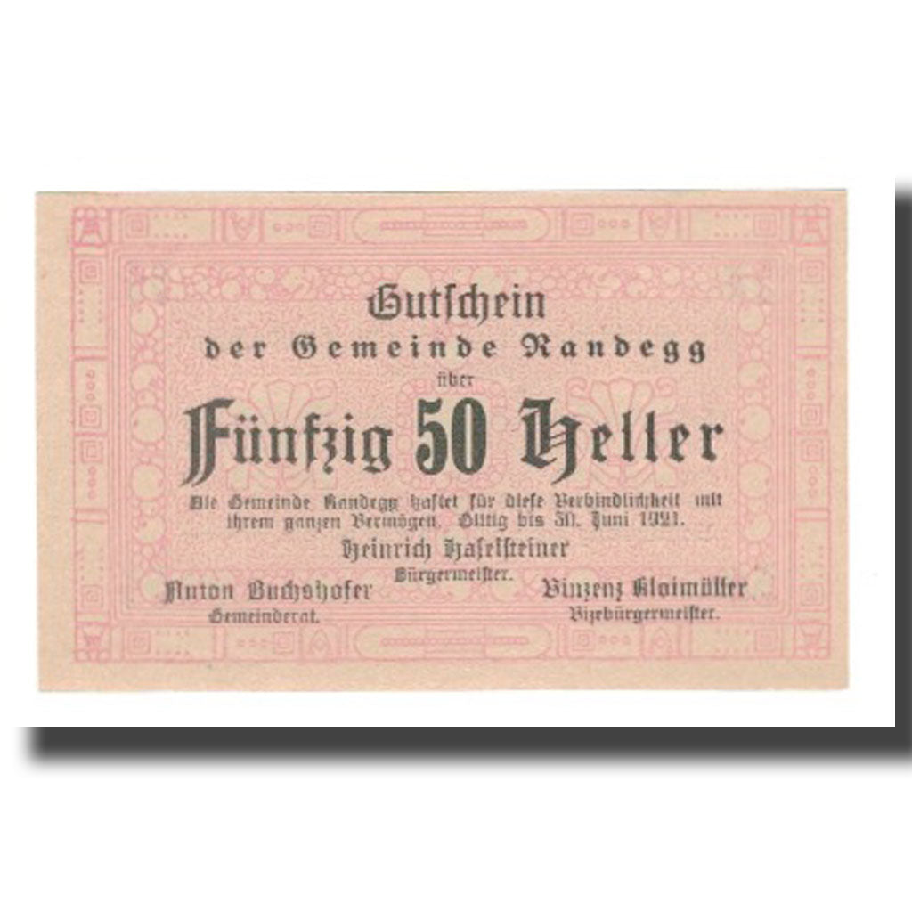 Banknote, Austria, Randegg N.Ö. Gemeinde, 50 Heller, Texte, 1921, 1921-06-30