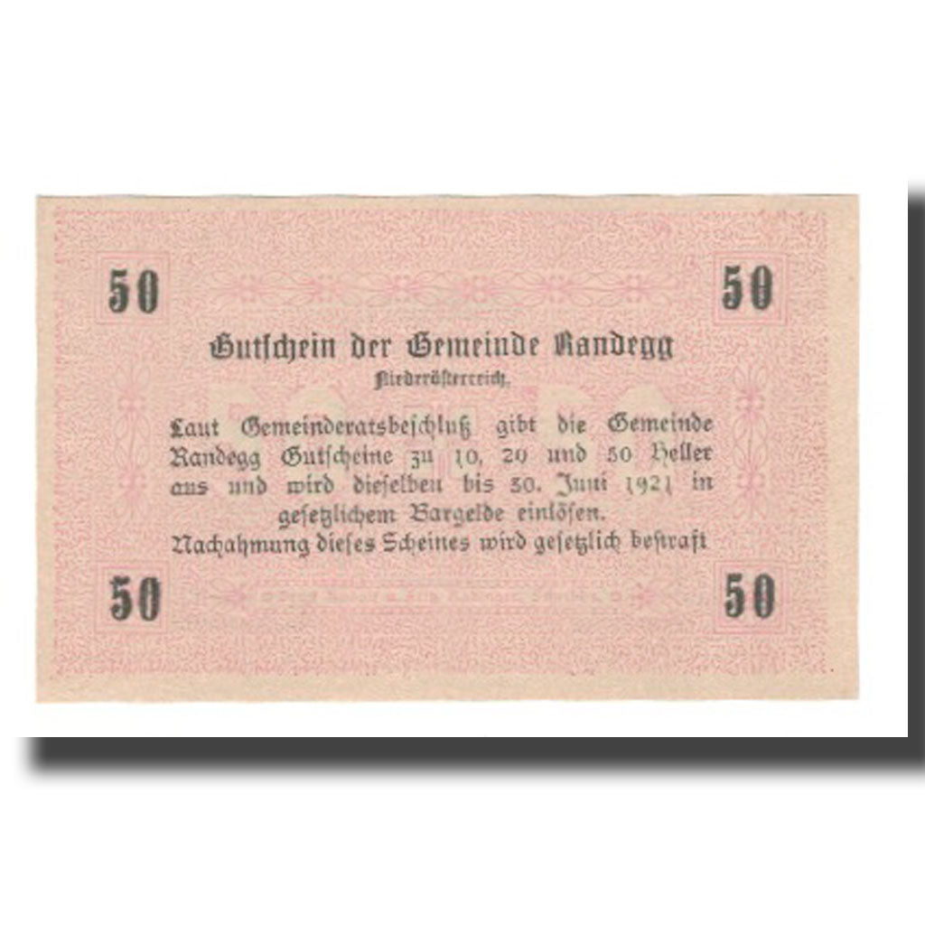 Banknote, Austria, Randegg N.Ö. Gemeinde, 50 Heller, Texte, 1921, 1921-06-30