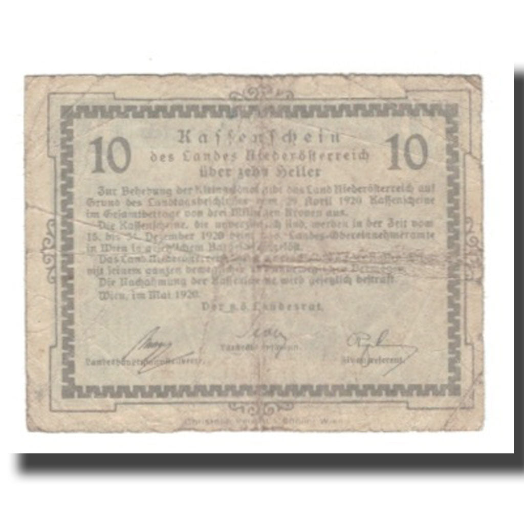 Banknote, Austria, Niederösterreich N.Ö. Land, 10 Heller, Texte, 1920