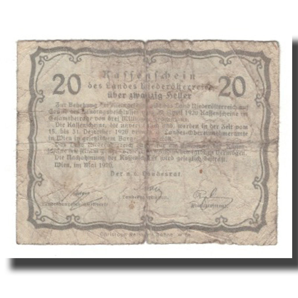 Banknote, Austria, Niederösterreich N.Ö. Land, 20 Heller, Texte, 1920