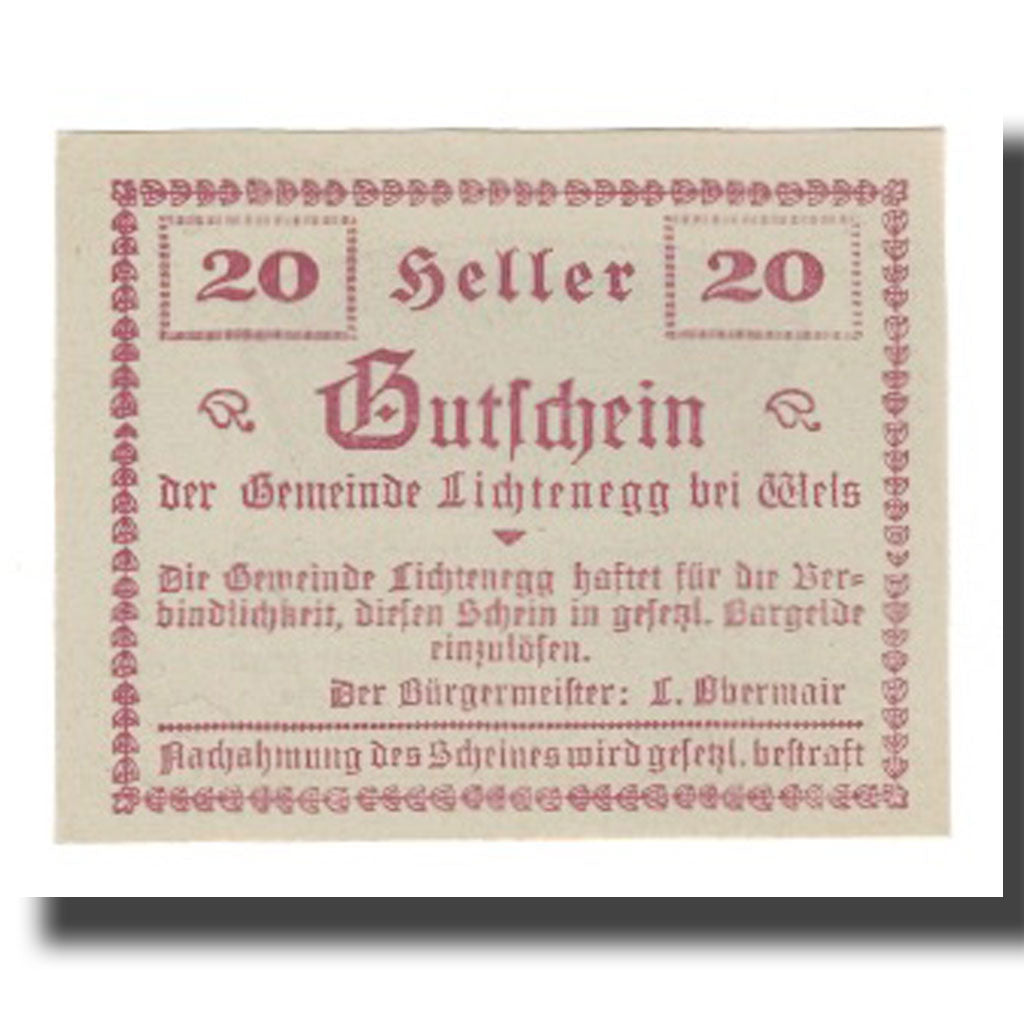 Banknote, Austria, Lichtenegg O.Ö. Gemeinde, 20 Heller, Texte, 1920