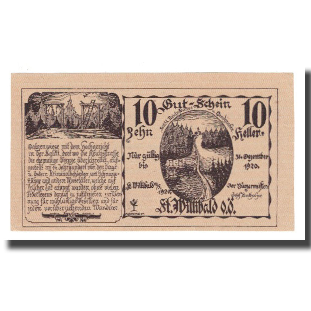 Banknot, Austria, St. Willibald O.Ö. Gemeinde, 10 Heller, texte 1, 1920