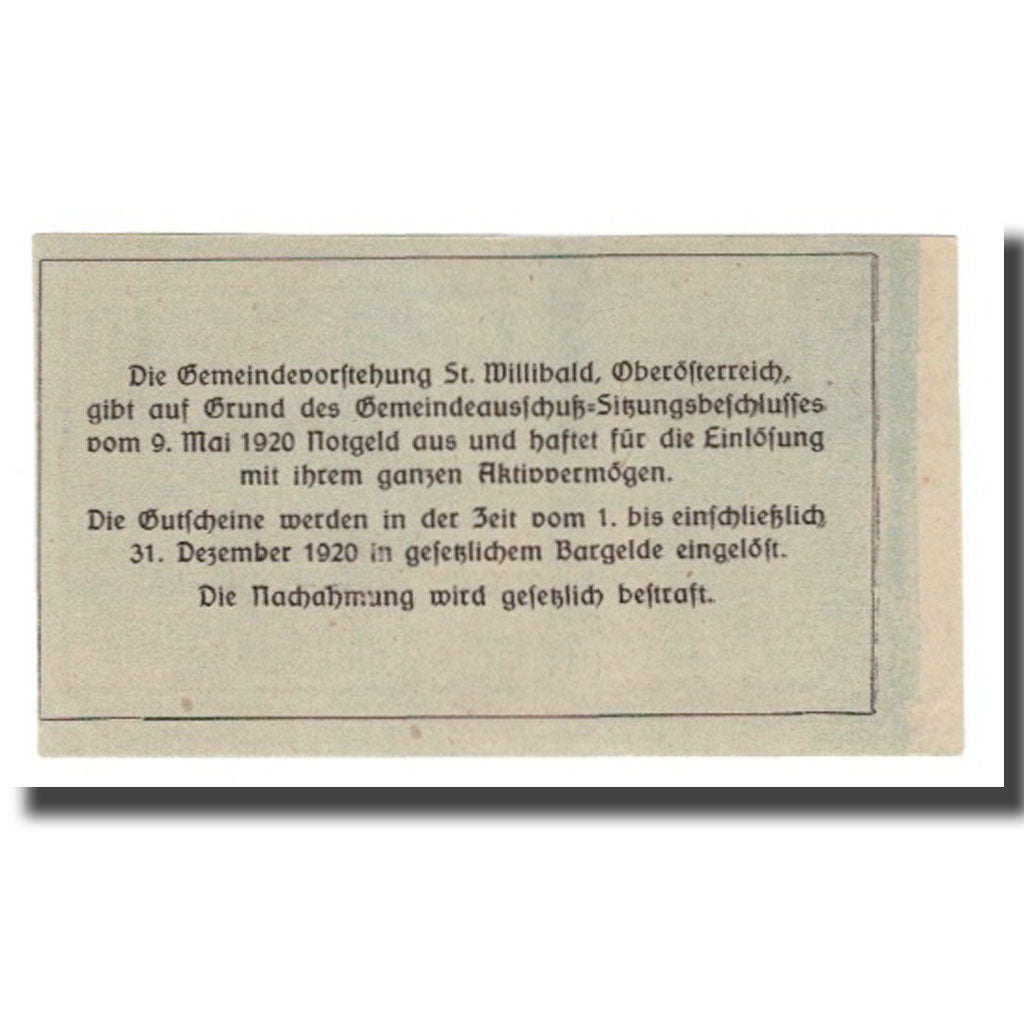 Banknot, Austria, St. Willibald O.Ö. Gemeinde, 10 Heller, Texte 2, 1920