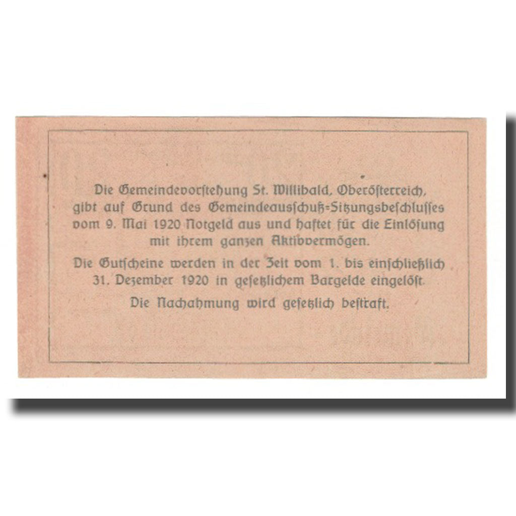 Banknote, Austria, St. Willibald O.Ö. Gemeinde, 20 Heller, Texte, 1920