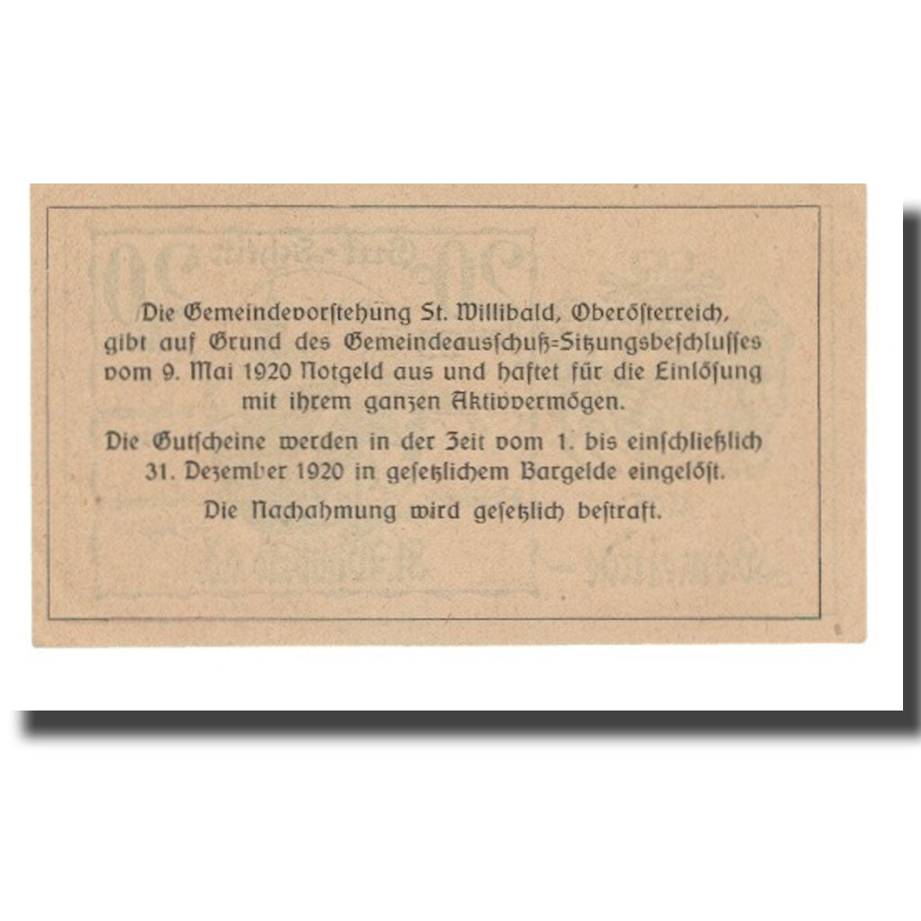 Banknot, Austria, St. Willibald O.Ö. Gemeinde, 20 Heller, texte 1, 1920
