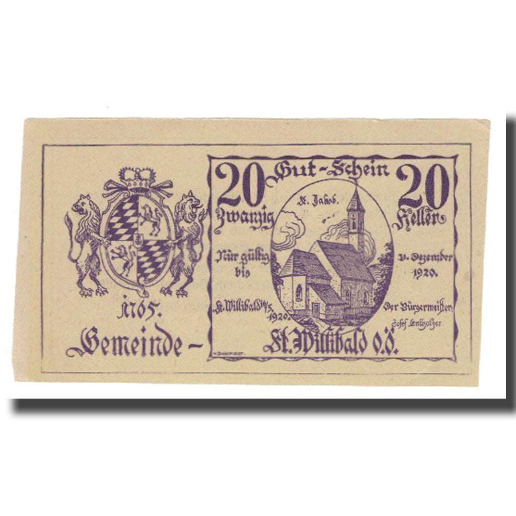 Banknot, Austria, St. Willibald O.Ö. Gemeinde, 20 Heller, Texte 2, 1920