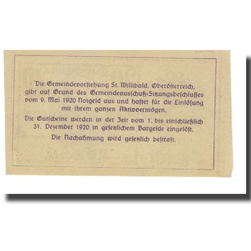 Banknot, Austria, St. Willibald O.Ö. Gemeinde, 20 Heller, Texte 2, 1920