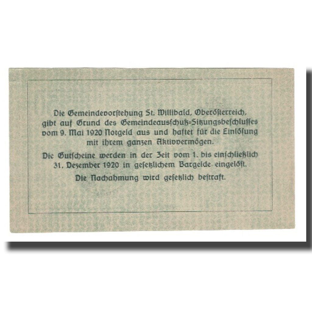 Banknot, Austria, St. Willibald O.Ö. Gemeinde, 50 Heller, Texte 2, 1920